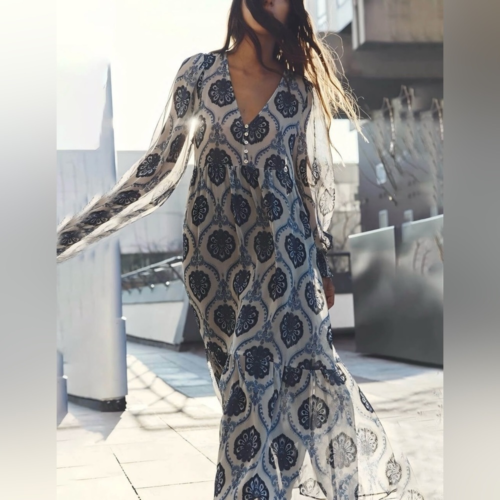 ZARA Metallic Baroque‎ Sheer Overlay Balloon Sleeve Maxi Dress Blue Size Small